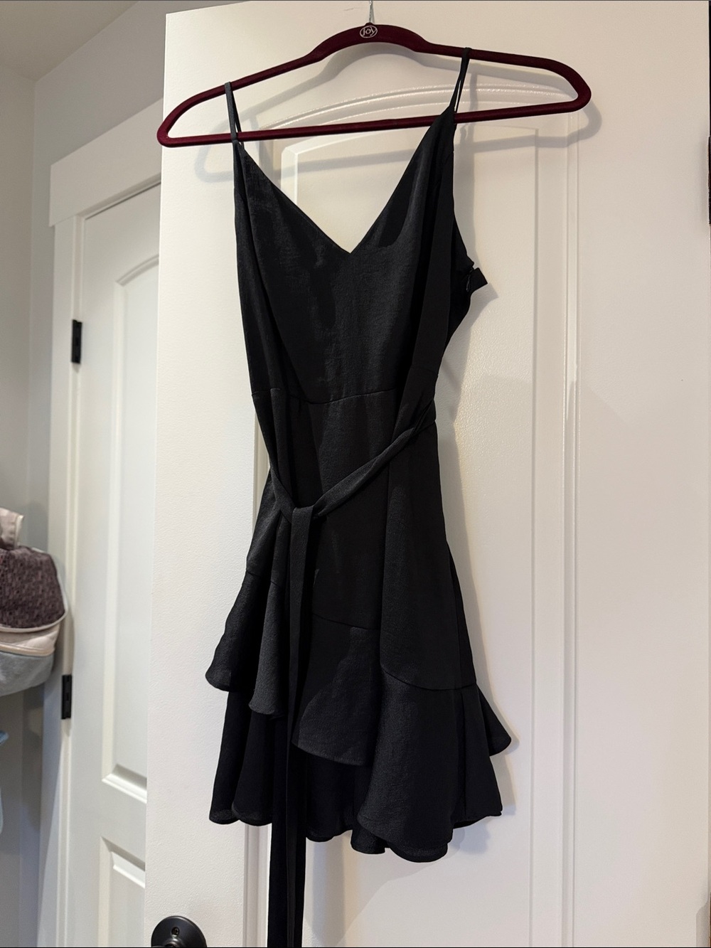 Express Black V-Neck Mini Slip Dress with Waist Tie